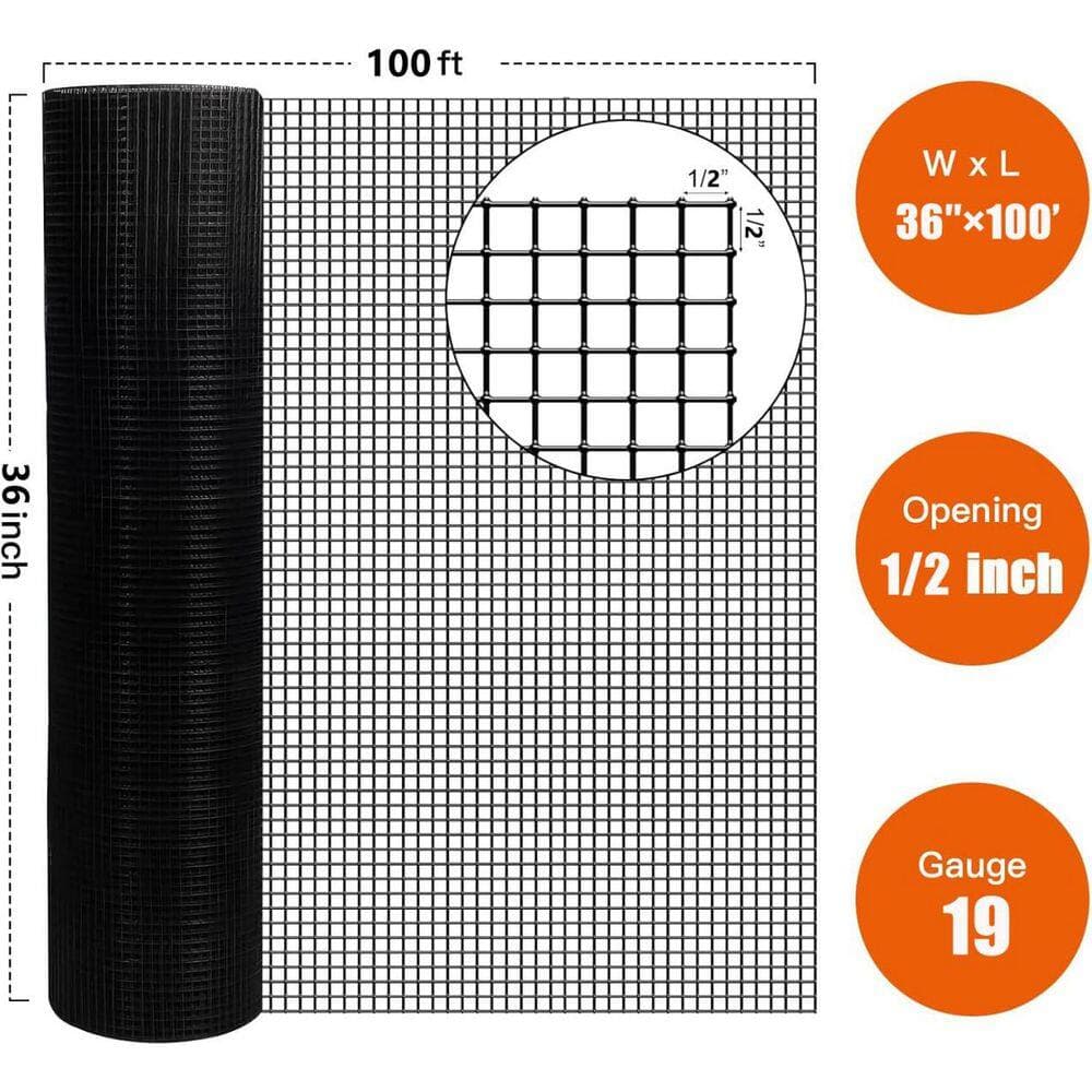 Amucolo 1/2 in. x 3 ft. x 100 ft. 19-Gauge Black PVC Hardware Cloth, Welded Wire Fence (3)