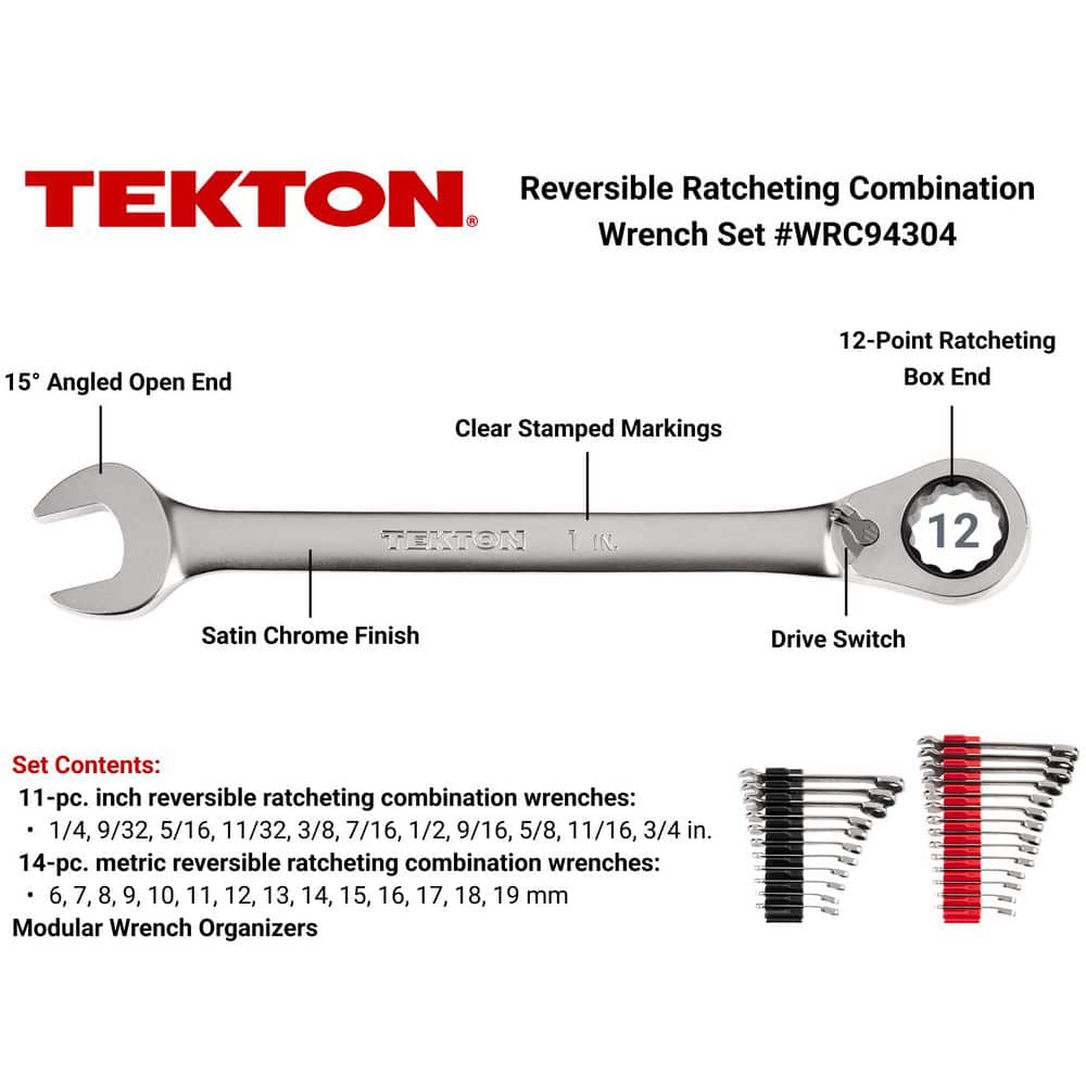 TEKTON 25-Piece (1/4-3/4 in., 6-19 mm) Reversible 12-Point Ratcheting Combination Wrench Set with Modular Slotted Organizer (2)