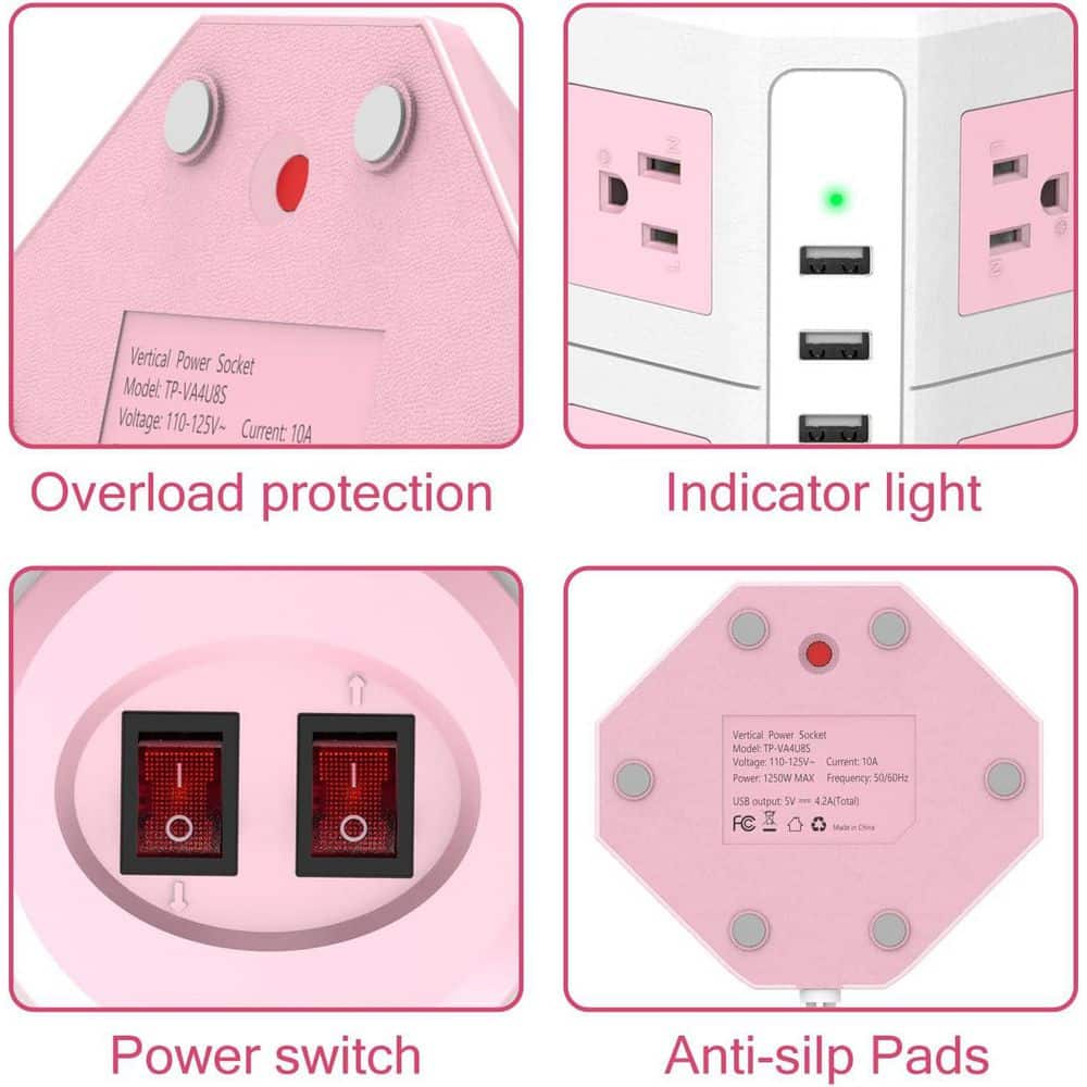 Lukyamzn 8-Outlet Power Strip Tower Surge Protector 1050J 1250W with 4-USB Ports and 6 ft. Cord for Office and Home, Pink (3)