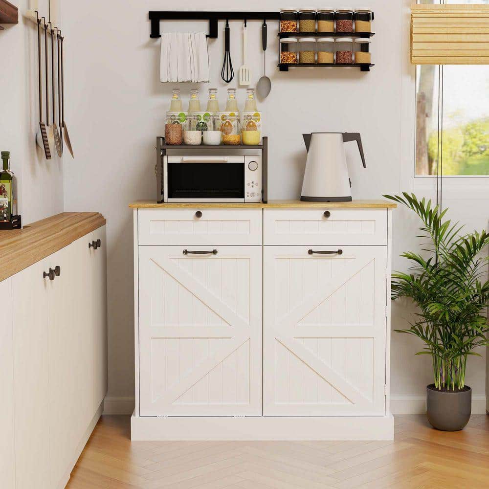 XUJMK 39 in. W x 14 in. D x 35 in. H White Linen Cabinet Storage Cabinet w/ 2-Drawers and 1-Tilt Out Trash Cabinet for Kitchen (1)