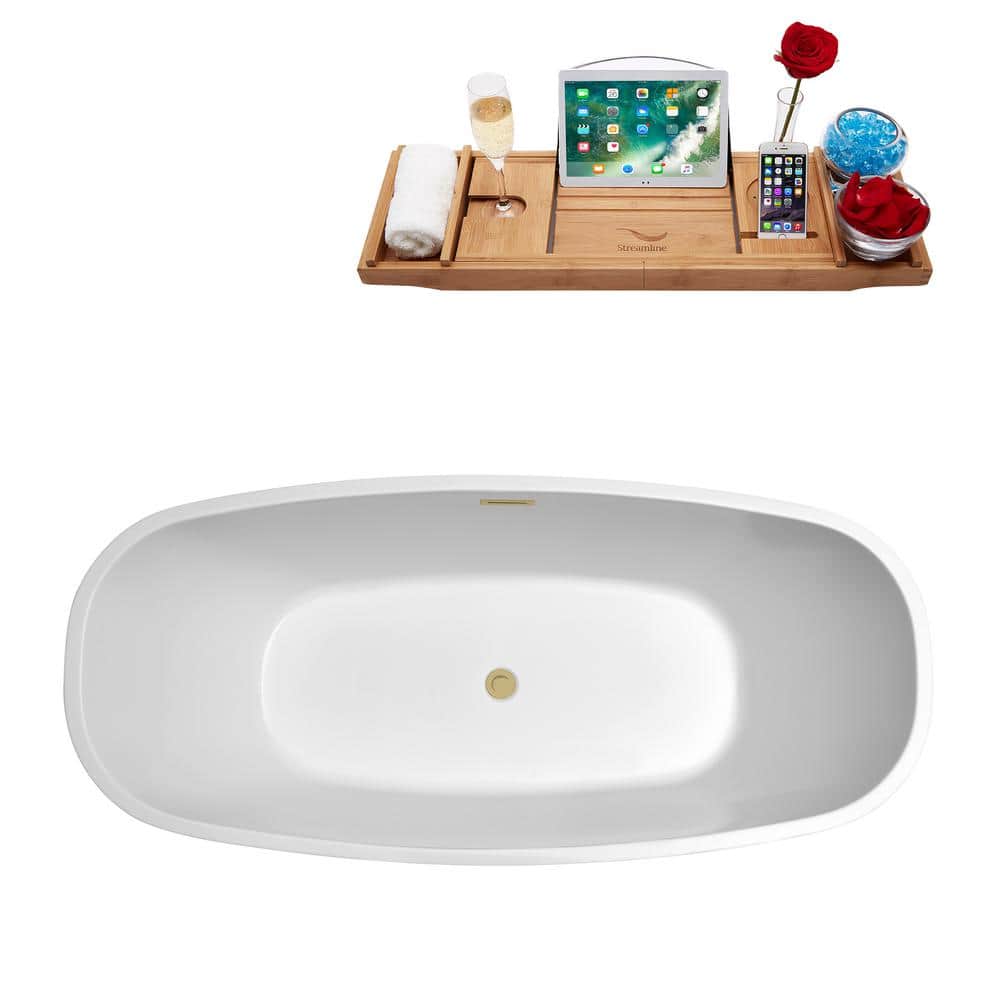 Streamline 59 in. 28 in. Acrylic Freestanding Soaking Bathtub Glossy White with Brushed Brass Drain (4)