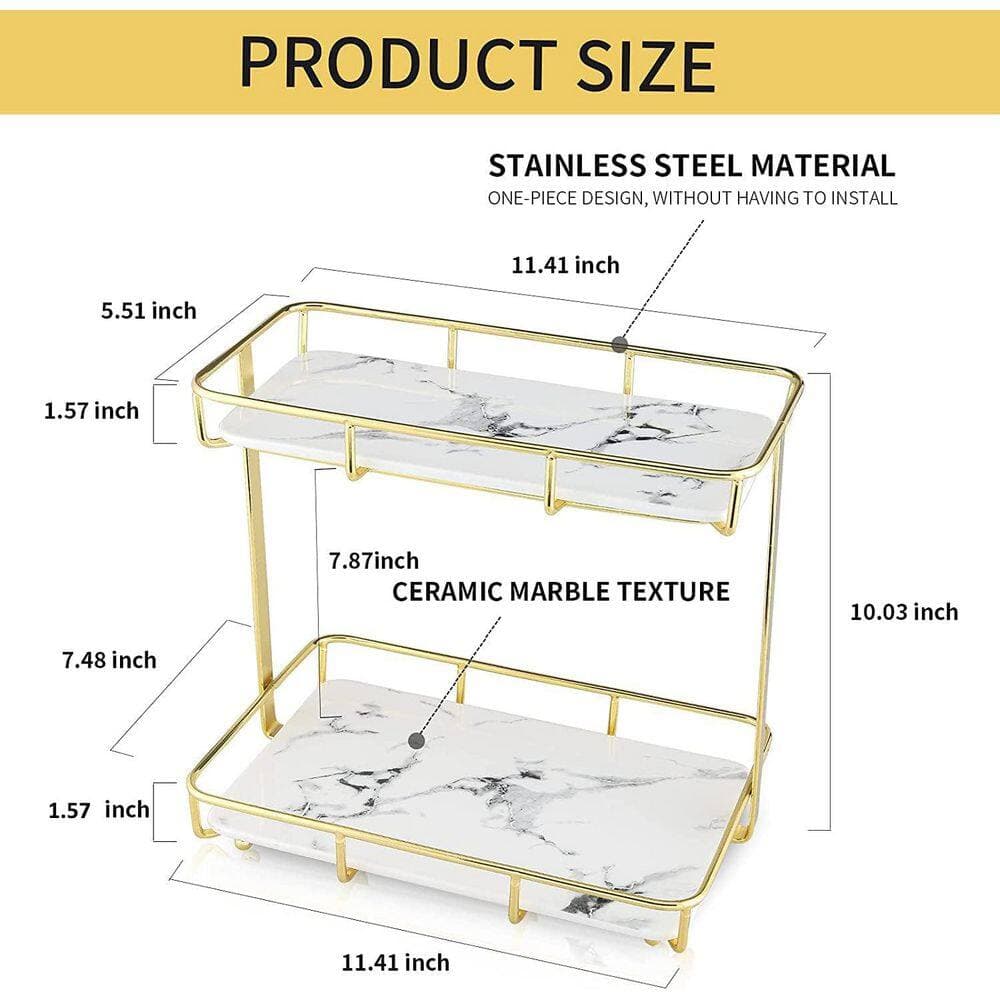 Wudkey 1-Piece 2 Tier Gold Stainless Steel Vanity Organizer, Marble Ceramic Tray Countertop Storage Rack, Bath Accessory Set (3)
