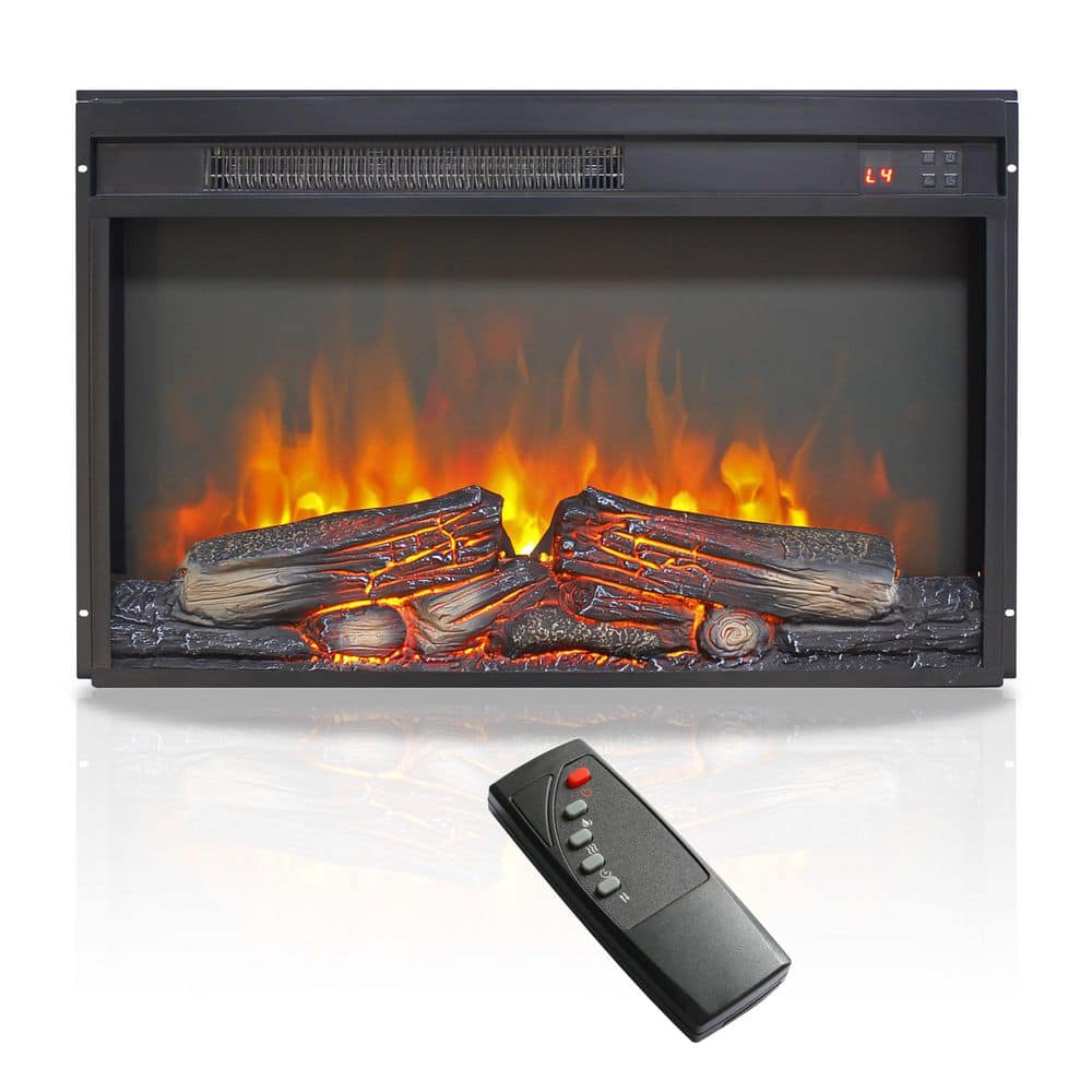 Clihome 26 in. Electric Fireplace Insert Ultra Thin Heater with Log Set Realistic Flame and Remote Control Timer