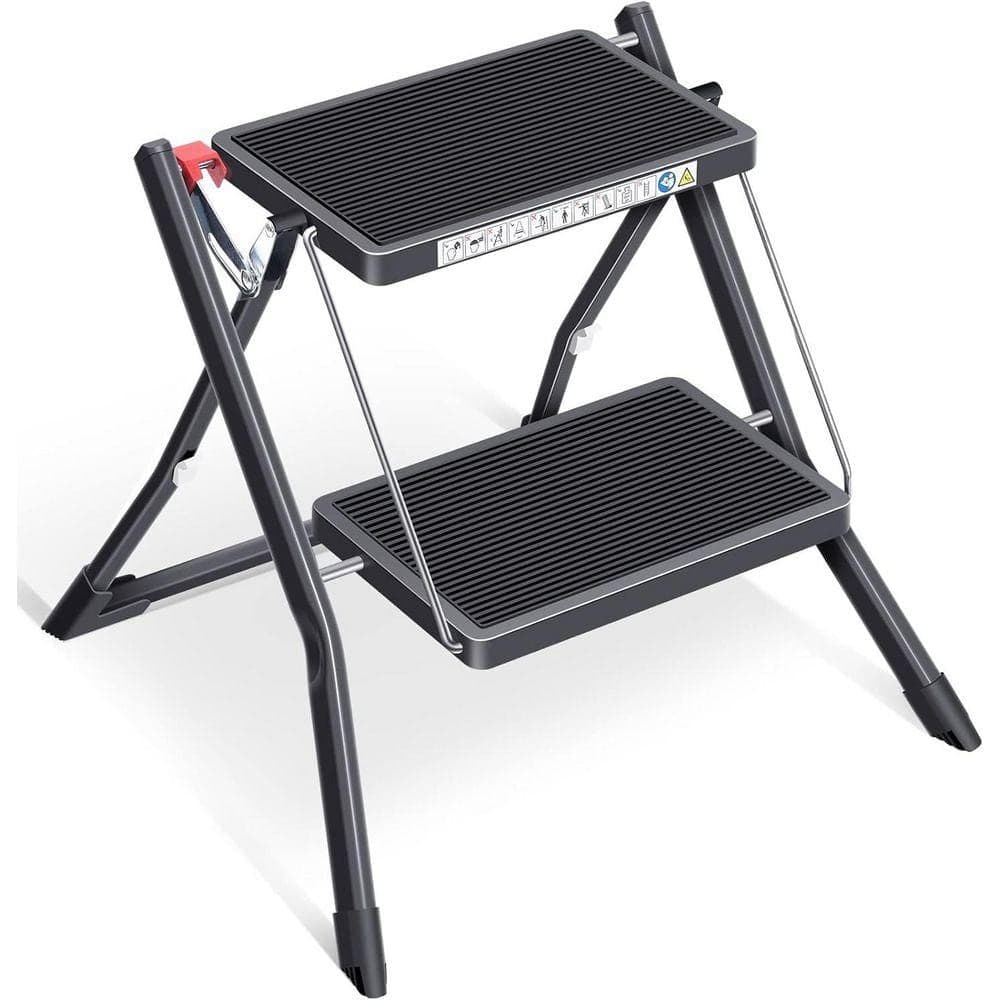 KIWDZFU 1.5 ft. Reach Folding Step Ladder 2-Step Black Light Steel with Non-Slip Rubber Mat Up to 330 lbs. for Home and Office (1)