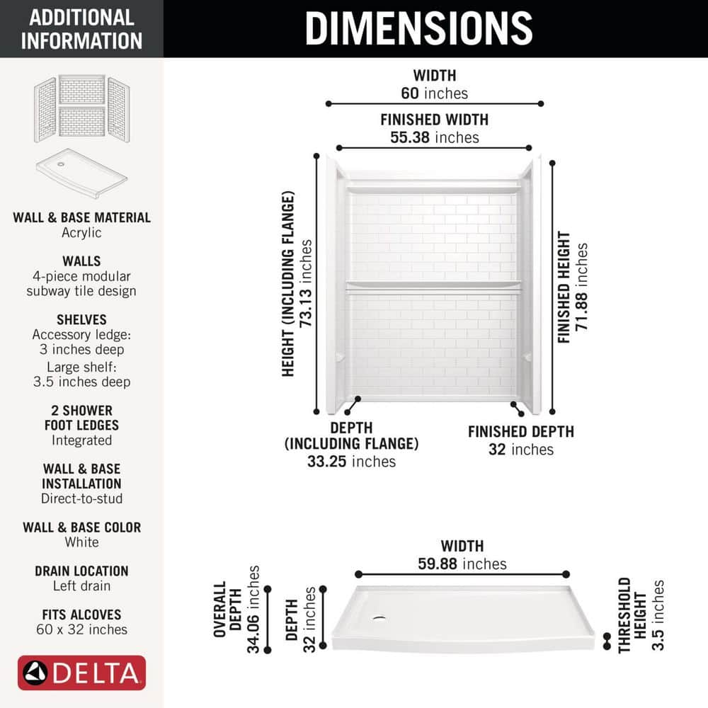 Delta Classic 500 Tile Curve Left Drain 32 in. L x 60 in. W x 71.88 in. H Alcove Shower Kit with Shower Wall and Shower Pan (2)