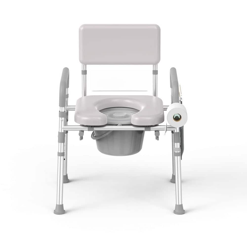 Numhew 23.5 in. x 22 in. Bedside Commode Toilet Seat in Gray with Padded Seat and Backrest, 350 lbs. Capacity, 6.5 qt Bucket (1)