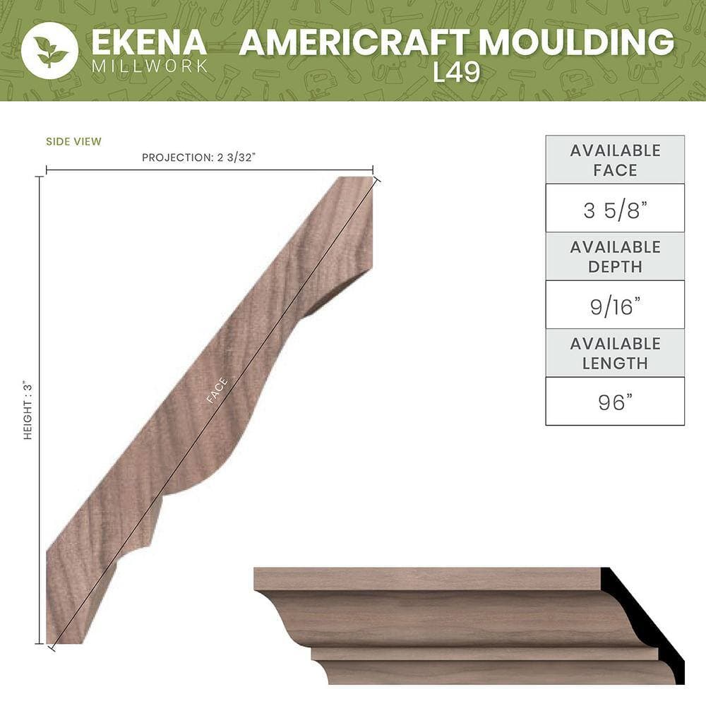 Ekena Millwork WM49 0.56 in. D x 3.63 in. W x 96 in. L Wood Red Oak Crown Moulding (2)