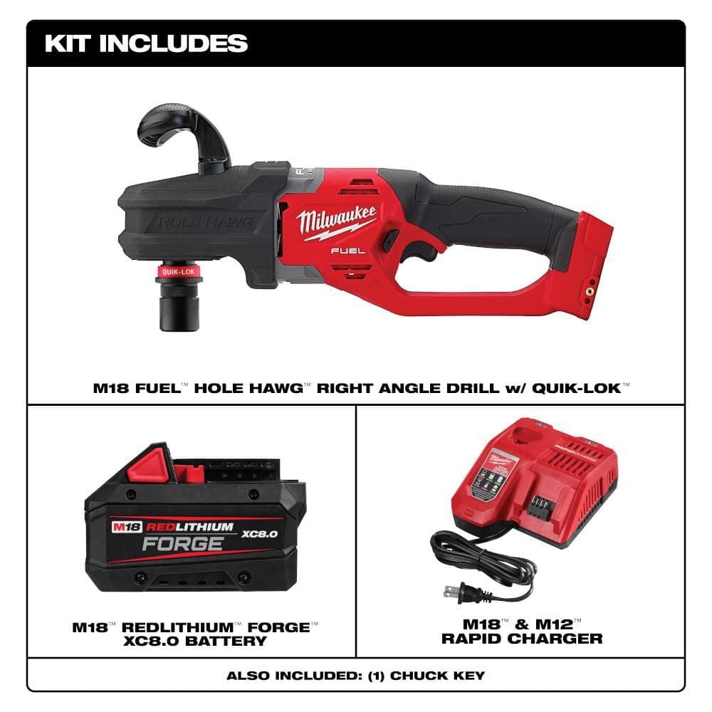 Milwaukee M18 FUEL GEN II 18V Lith-Ion Brushless Cordless 1/2 in. Hole Hawg Right Angle Drill w/ FORGE 8. 0Ah Battery & Charger (2)