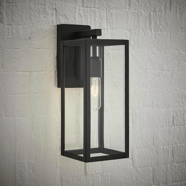Hampton Bay Hurley 16 in. 1-Light Modern Black Hardwired Outdoor Wall Light Lantern Sconce with Clear Glass Shade