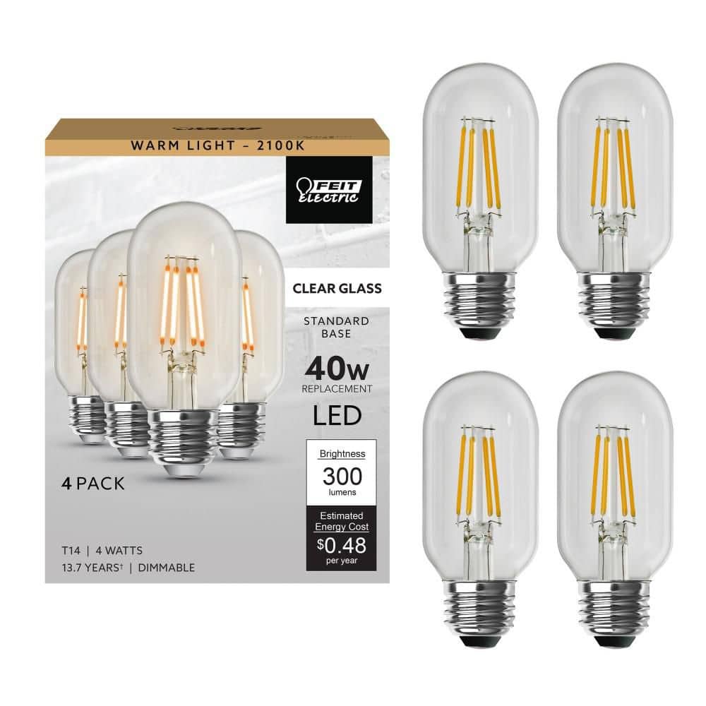 Feit Electric 40-Watt Equivalent T14 Dimmable Straight Filament Clear Glass E26 Vintage Edison LED Light Bulb, Warm White (4-Pack) (2)