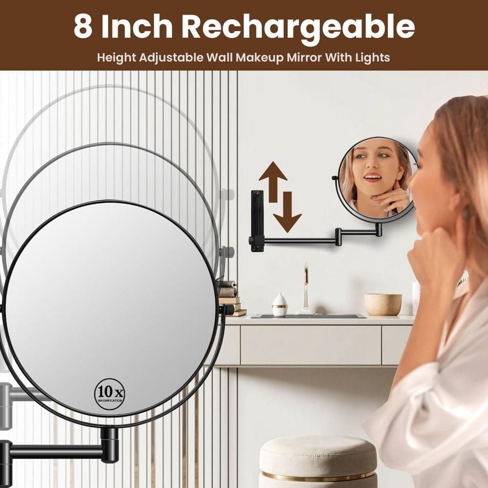 INSTER 8 in. W x 8 in. H Round 1X/10X Magnifying Mirror Wall-Mount Bathroom Makeup Mirror Base Moves Up and Down in Black (3)