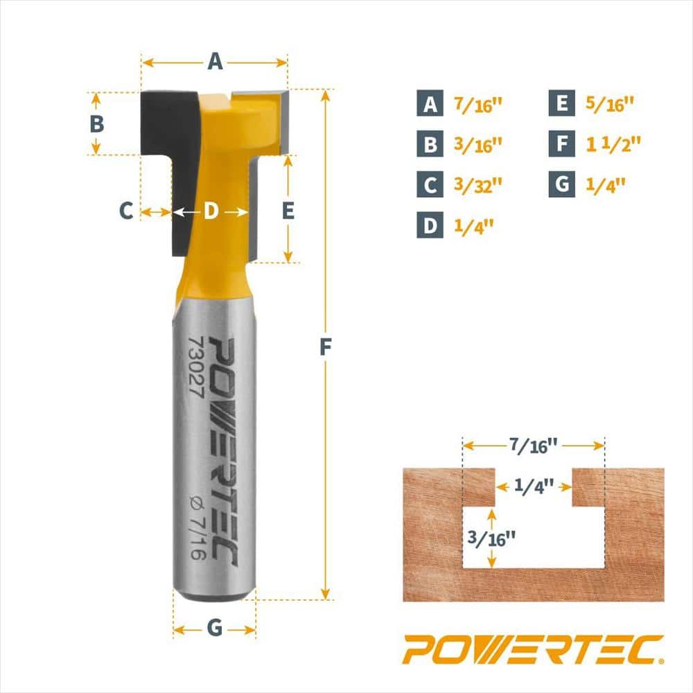 ‎POWERTEC 7/16 in. Dia x 3/16 in. H x 1/4 in. Shank Carbide Tipped T Slot Router Bit with 36 in. Double-Cut Universal T-Tracks (3)