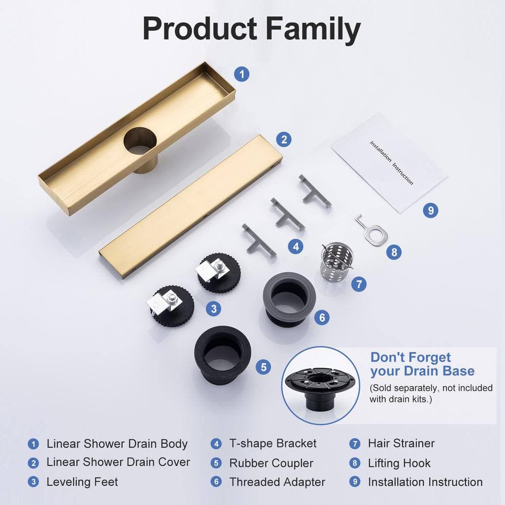 WELLFOR 12 in. Linear Grid Shower Drain in Brushed Gold (3)