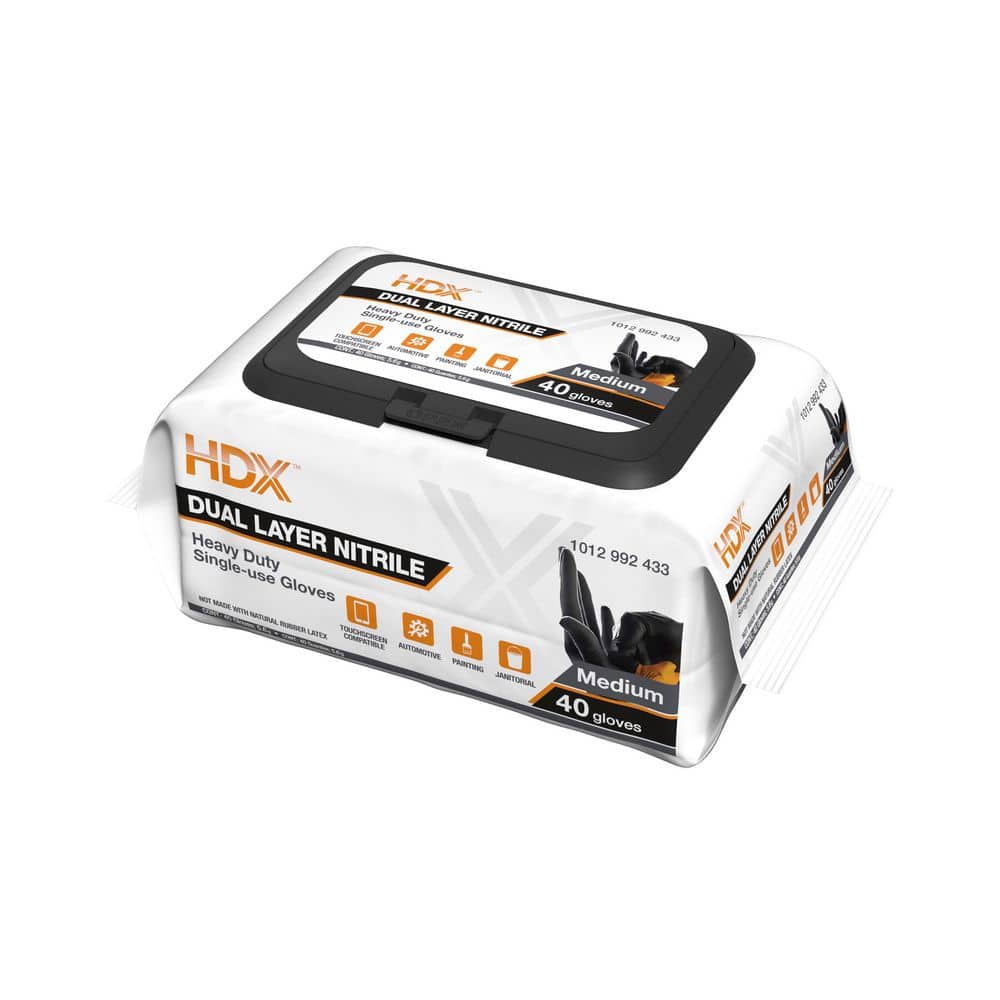 HDX Pop-N-Go Black Disposable Heavy Duty Nitrile Gloves, Size Medium (40-Count)