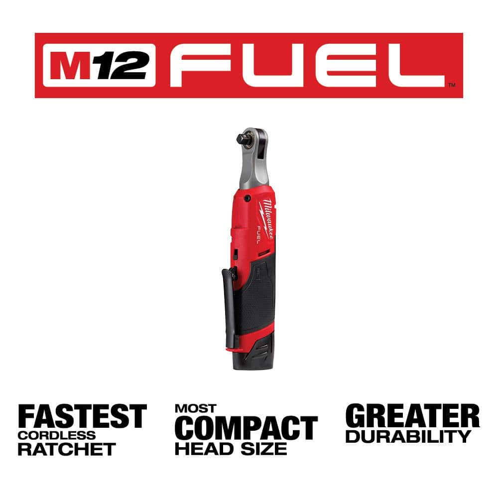 Milwaukee M12 FUEL 12V Lithium-Ion Brushless Cordless High Speed 3/8 in. Ratchet Kit w/(2) Batteries, Charger and Bag (3)
