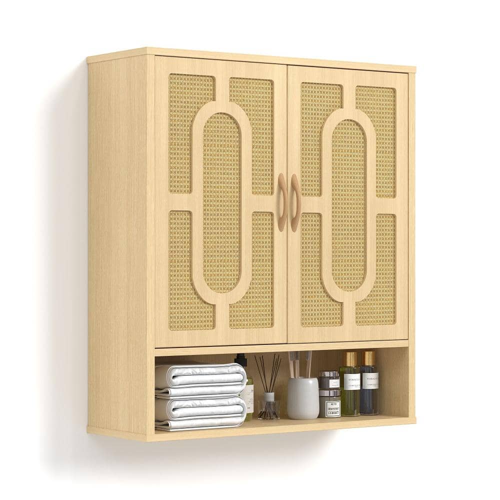 Peatuk Bathroom Wall Cabinet with Rattan Doors, 23.23" W x 7.87" D x 26.18" H, Over Toilet Storage with Adjustable Shelf