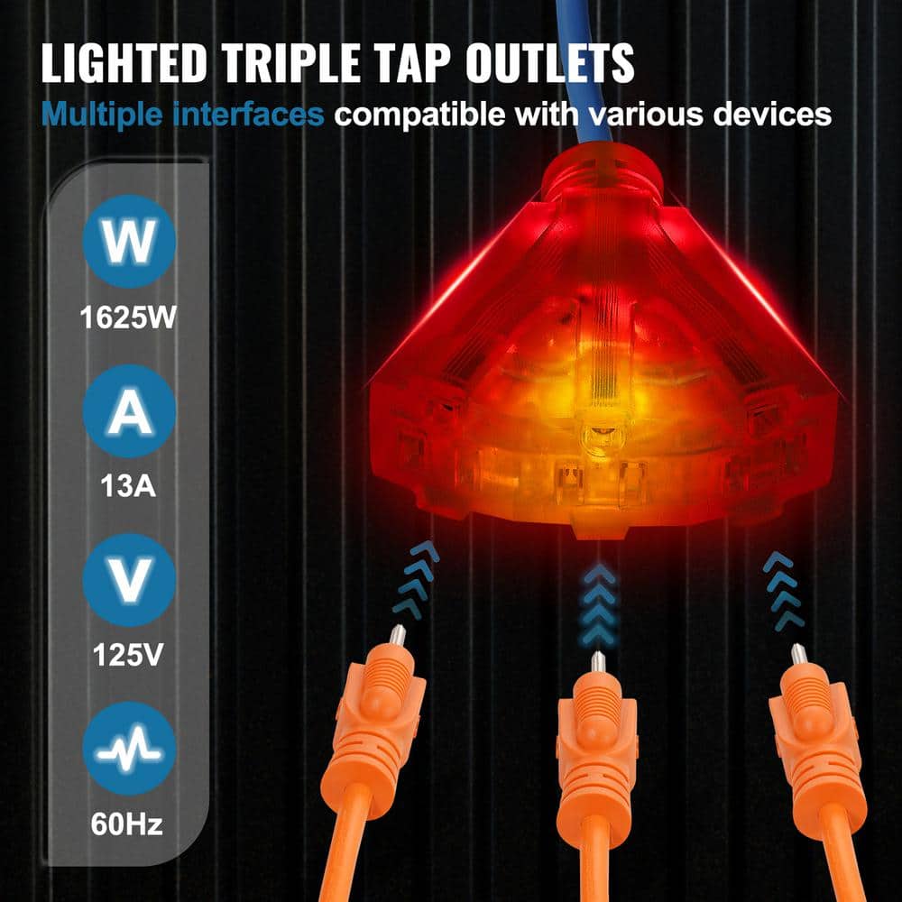 SVOPES 75 ft. 14 Gauge / 3 conductors, 13 Amp, Retractable Extension Cord Reel with Lighted Triple Tap Outlet Tri-Tap end (3)