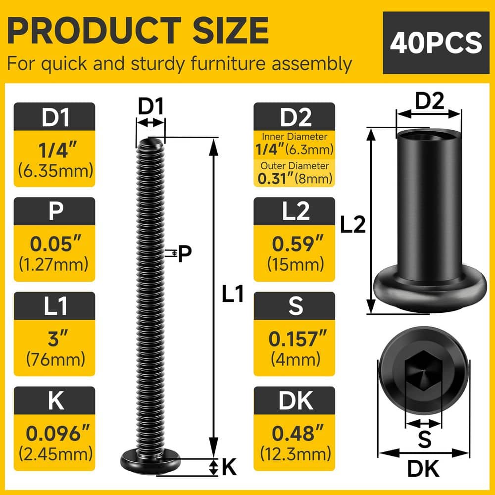 MYWISH 1/4 in. x 20 x 3 in. Black Oxide Hex Button Head Socket Head Cap Screws and Nut Set (40-Piece) (2)