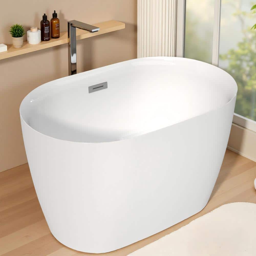 Cuschoice 43 Inch Acrylic Freestanding Bathtub,White,Built In Seat,PMMA Acrylic,High Gloss, Ergonomic Design,Drain Not Included (1)