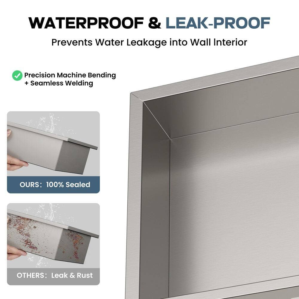 Peorsily 24 in. W x 12 in. H x 4 in. D Waterproof Recessed Shower Niche Space-Saving Storage Shelf in Brushed Nickel (2)