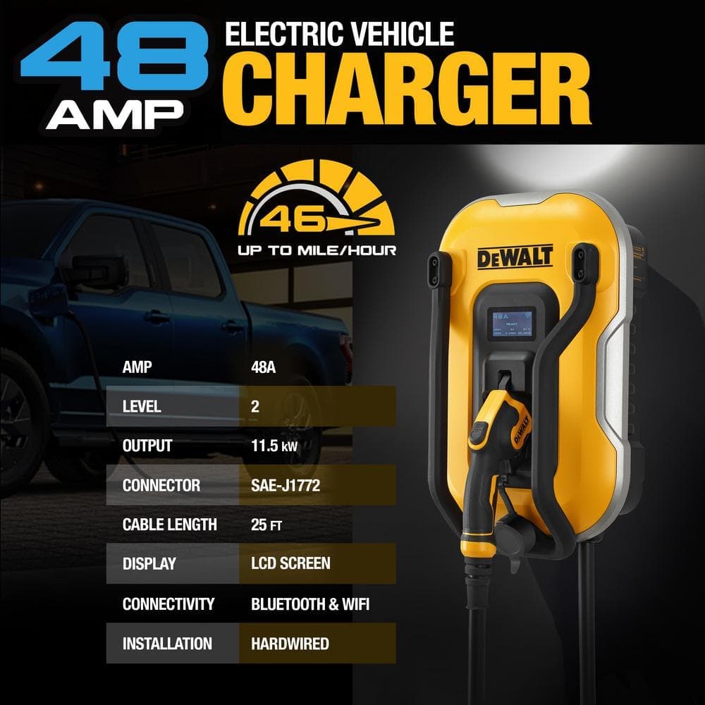 DEWALT Level-2 Wall Mounted Electric Vehicle EV Charger up to 48 Amps, 240-Volt AC 11.5 Kw, 25 Ft. Cable, Weatherproof (3)