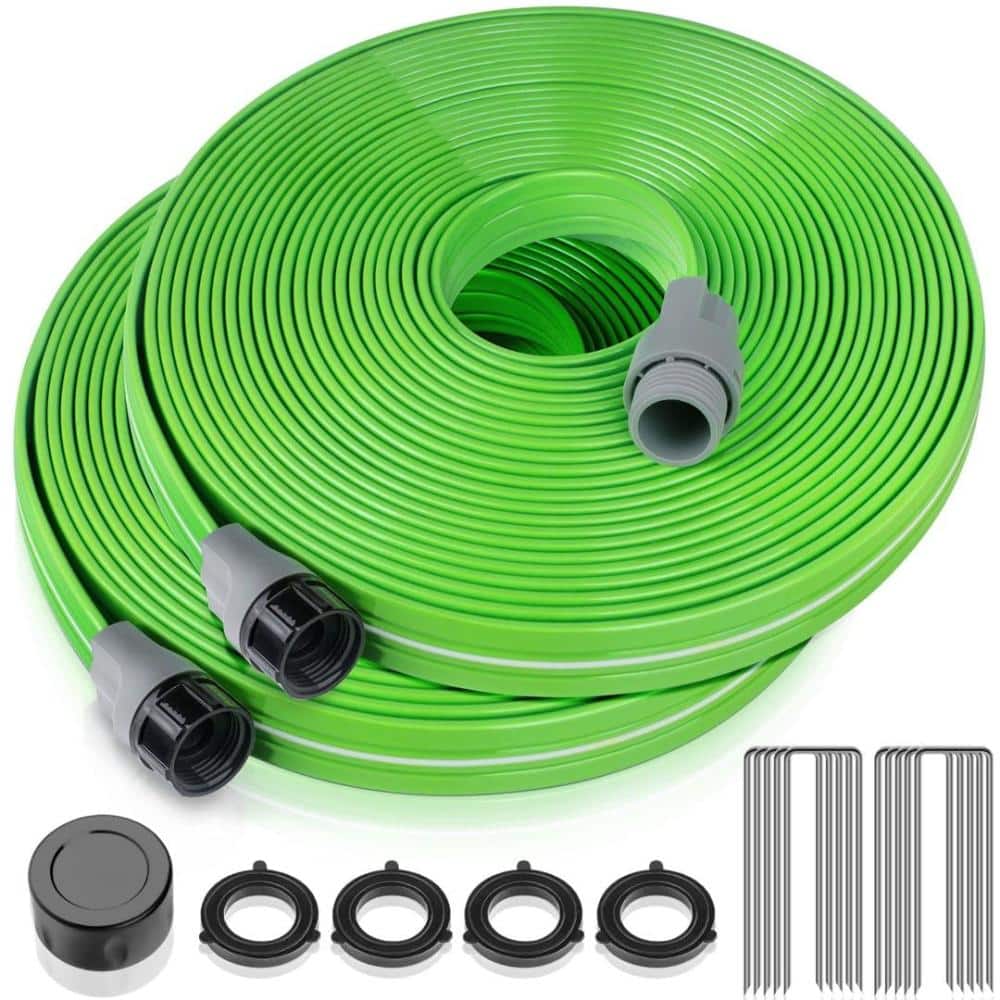 Unbranded 100 ft Heavy Duty Sprinkler Soaker Hose, Flat 3-Tube Irrigation Hose with Stakes for Lawn Yard and Garden, Green