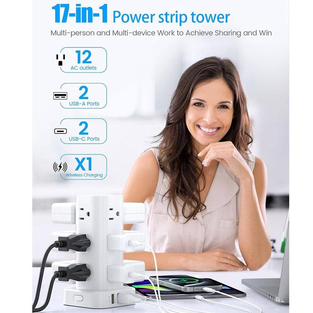 Lukyamzn 16-Outlet Tower Power Strip Surge Protector 15-Watt Wireless Charger with 6' Flat Plug Extension Cord 4 USB Ports White (3)