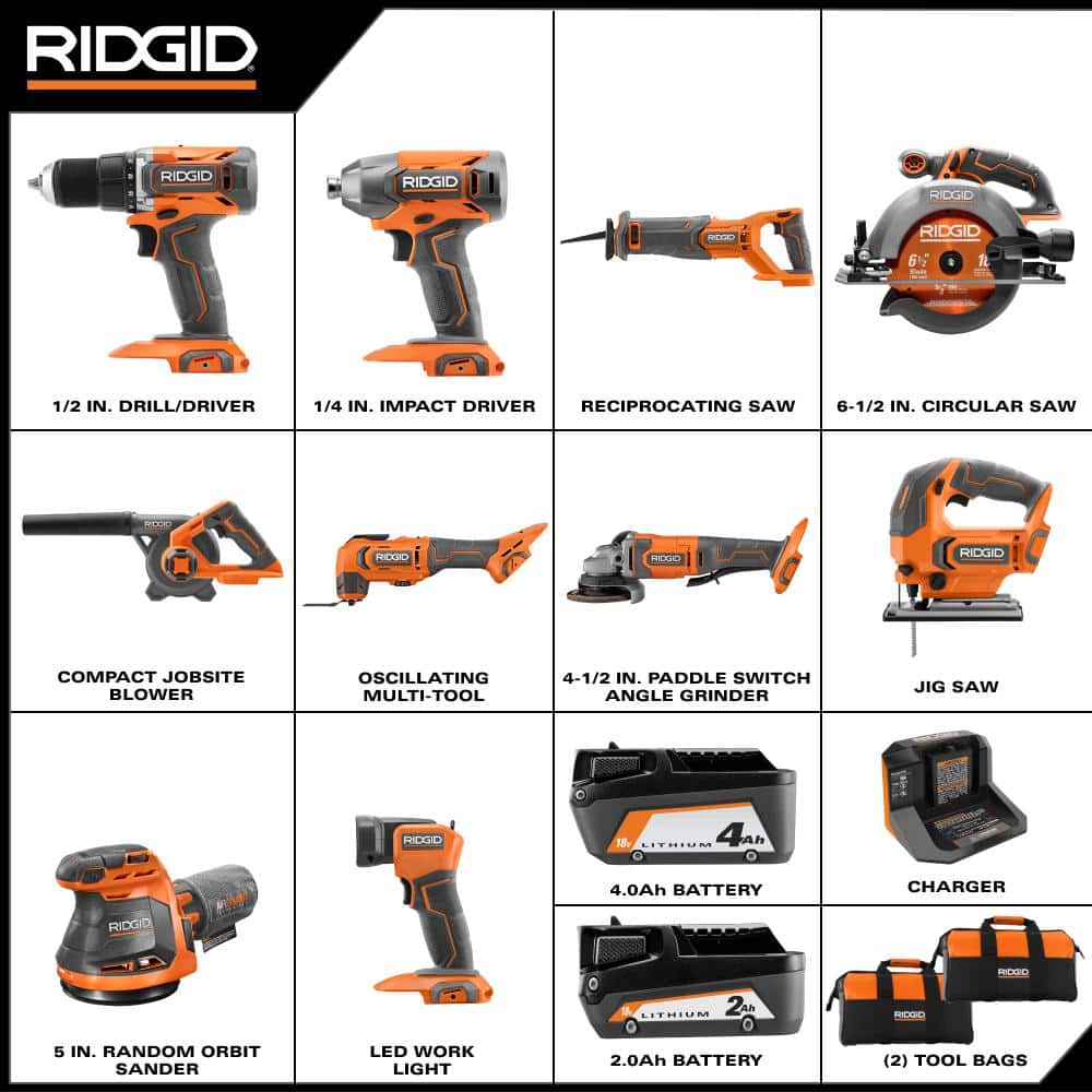 RIDGID 18V Cordless 10-Tool Combo Kit with 2.0 Ah Battery, 4.0 Ah Battery, Charger, and Tool Bag (2)
