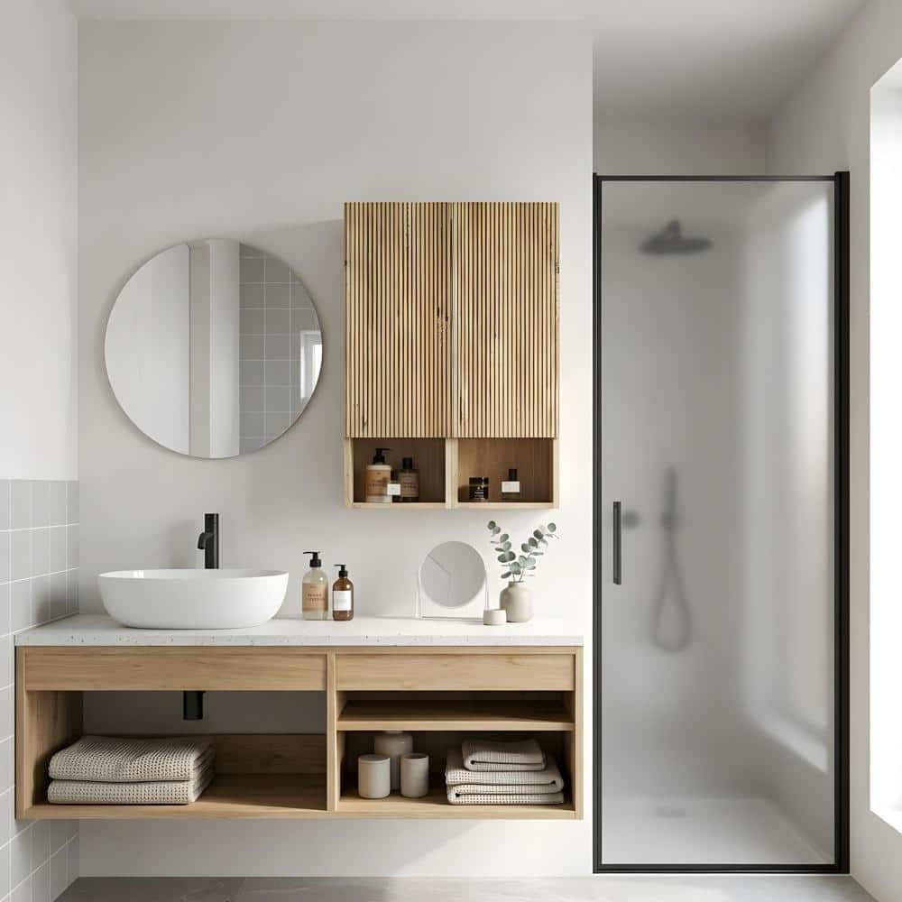 Zuvandra 23.64"W x 11.82"D x 31.52"H Eco-Friendly Wooden Bathroom Wall Cabinet with Doors and  Shelves, Oak (2)