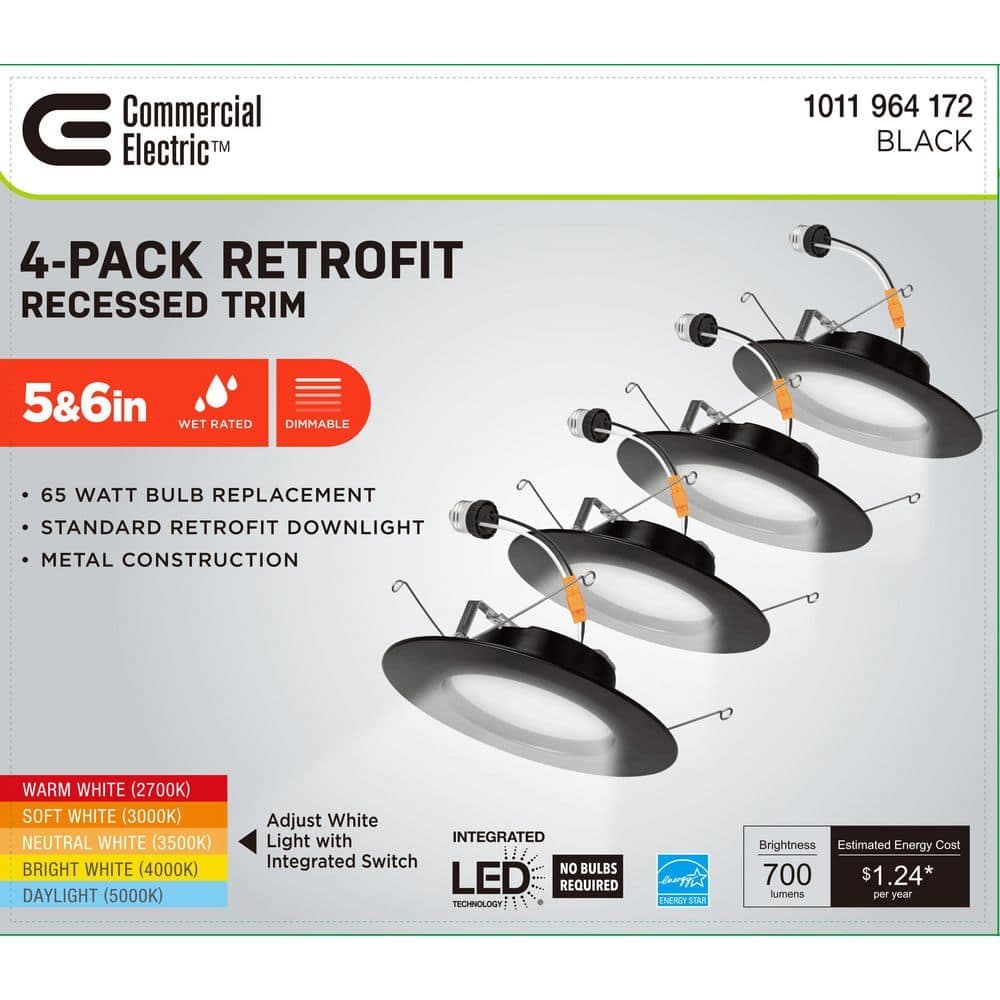 Commercial Electric 4-pack CE 5/6 in. 5CCT Selectable Black Recessed Retrofit Trim California (4)