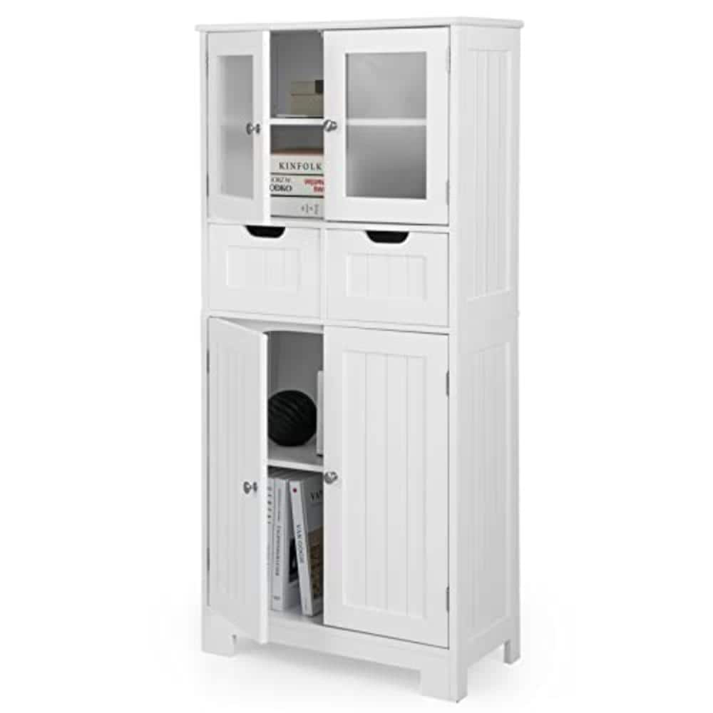 Volenca Bathroom Floor Cabinet, 4 Door Storage with 2 Drawers and Glass Doors, Freestanding Organizer (1)