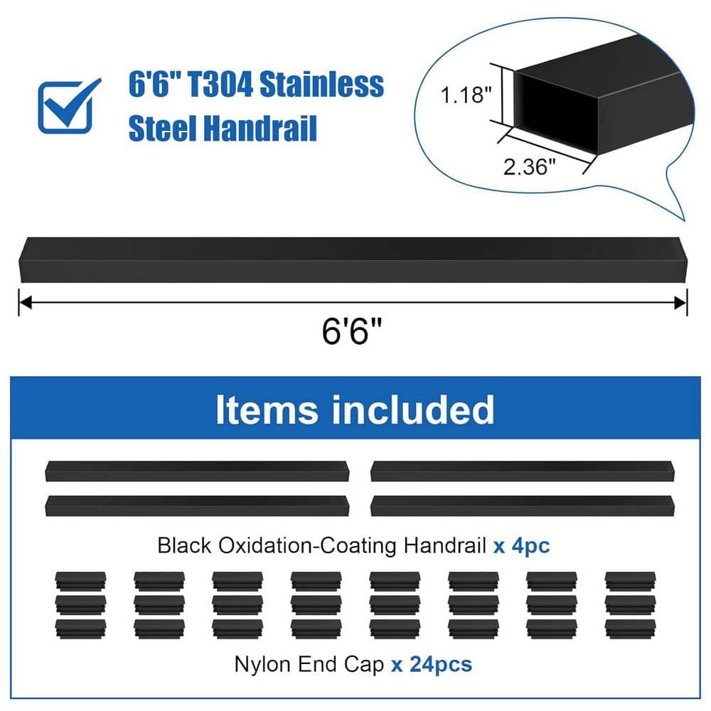 Afoxsos 4 Pack 2.36 in. x 78 in. Stainless Steel Flat Top Rail Cable Railing System, Black Rectangular Hand Rails Deck (2)
