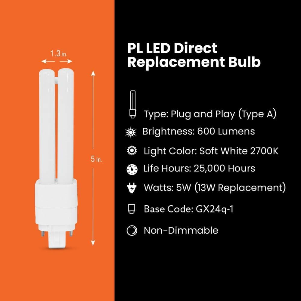 Feit Electric 13-Watt Equivalent PL QuadTube CFLNI 4-Pin Plugin G24Q-1 Base CFL Replacement LED Light Bulb, Soft White 2700K (1-Pack) (4)