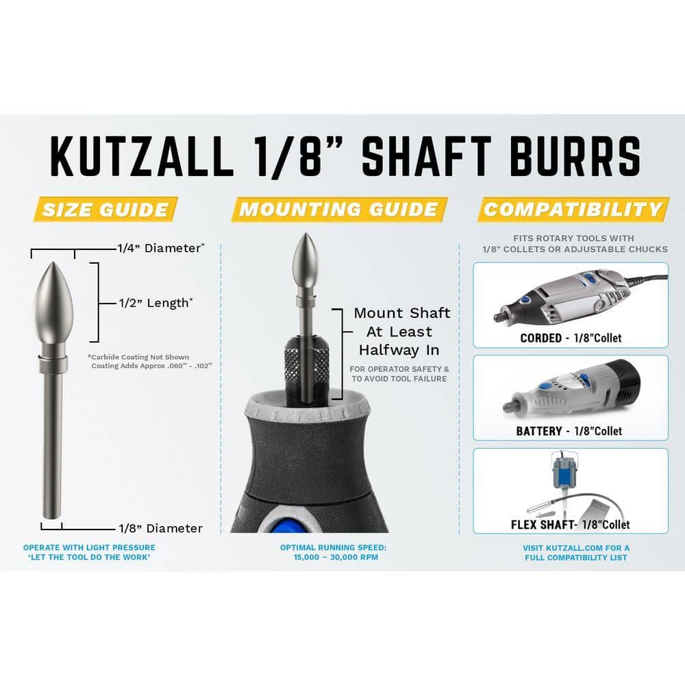 KUTZALL Fine Rotary Burr Set for Fast and Smooth Material Removal on Wood, Plastic, Fiberglass, Epoxy, Drywall 1/8 in. Shaft (3)