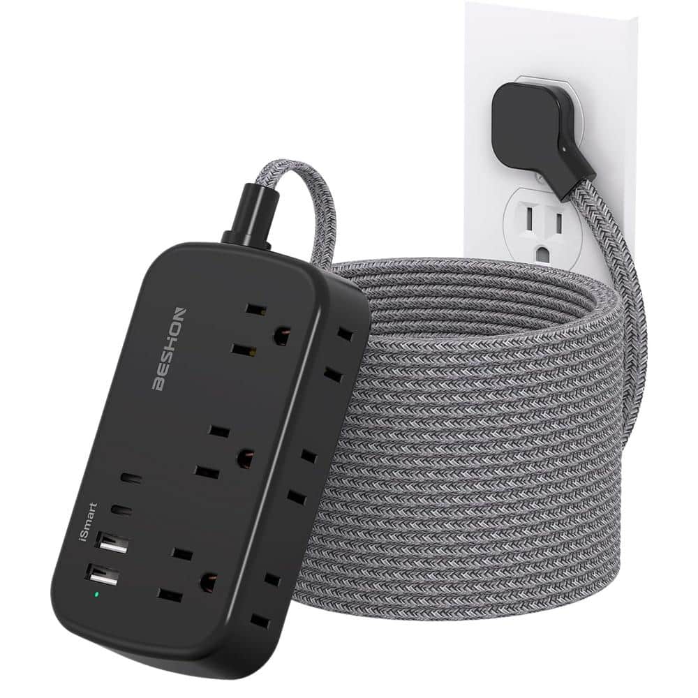 Lukyamzn 25 ft. Flat Plug Power Strip Extension Cord with 6 Outlets, 4 USB Ports (2 USB-C), No Surge Protector, Wall Mount, Black