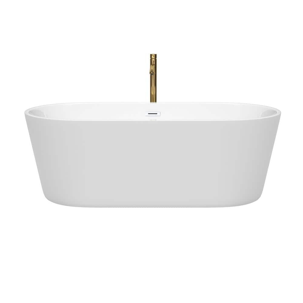 Wyndham Collection Carissa CD 67 in. x 31.5 in. Soaking Bathtub with Center Drain in White with Shiny White Trim and Brushed Gold Faucet (2)
