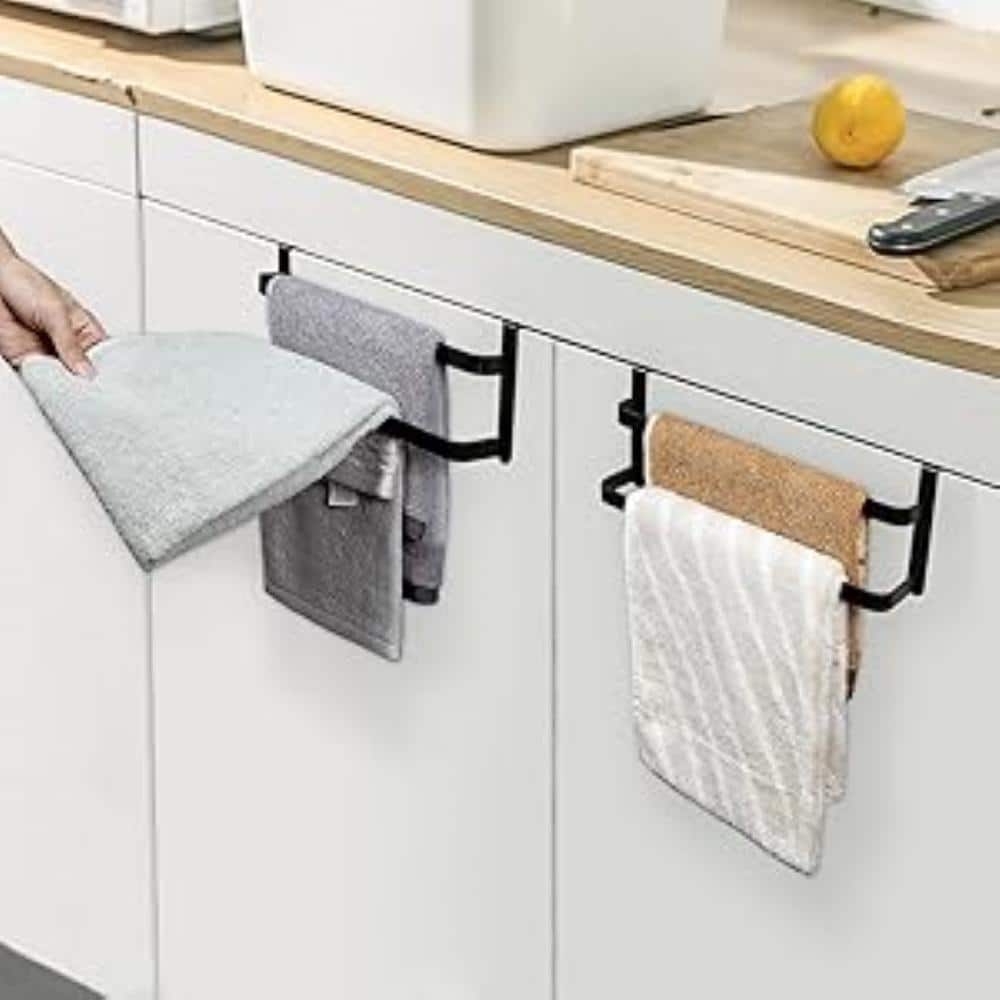 Anqtovp 10.39 in. Over-the-Door Towel Bar, 2-Tier for Bathroom Cupboard, Holds Hand/Dish Towels and Washcloths in Black (2-Pack) (2)