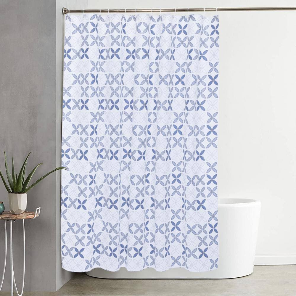 RAY STAR Raystar 70 in. x 72 in. Blue and White PEVA Shower Curtain Leaves Pattern Shower Curtain Liner with 12-Hooks (2)