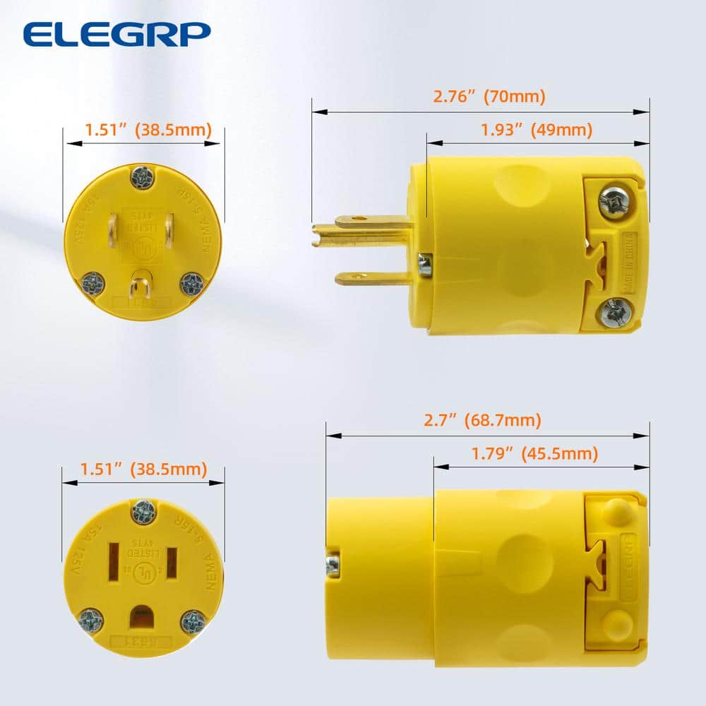 ELEGRP Straight Blade Plug and Connector Set, 15 Amp 125-Volt NEMA 5-15P NEMA 5-15R 2 Pole 3 Wire Grounding, (5-Set) (4)