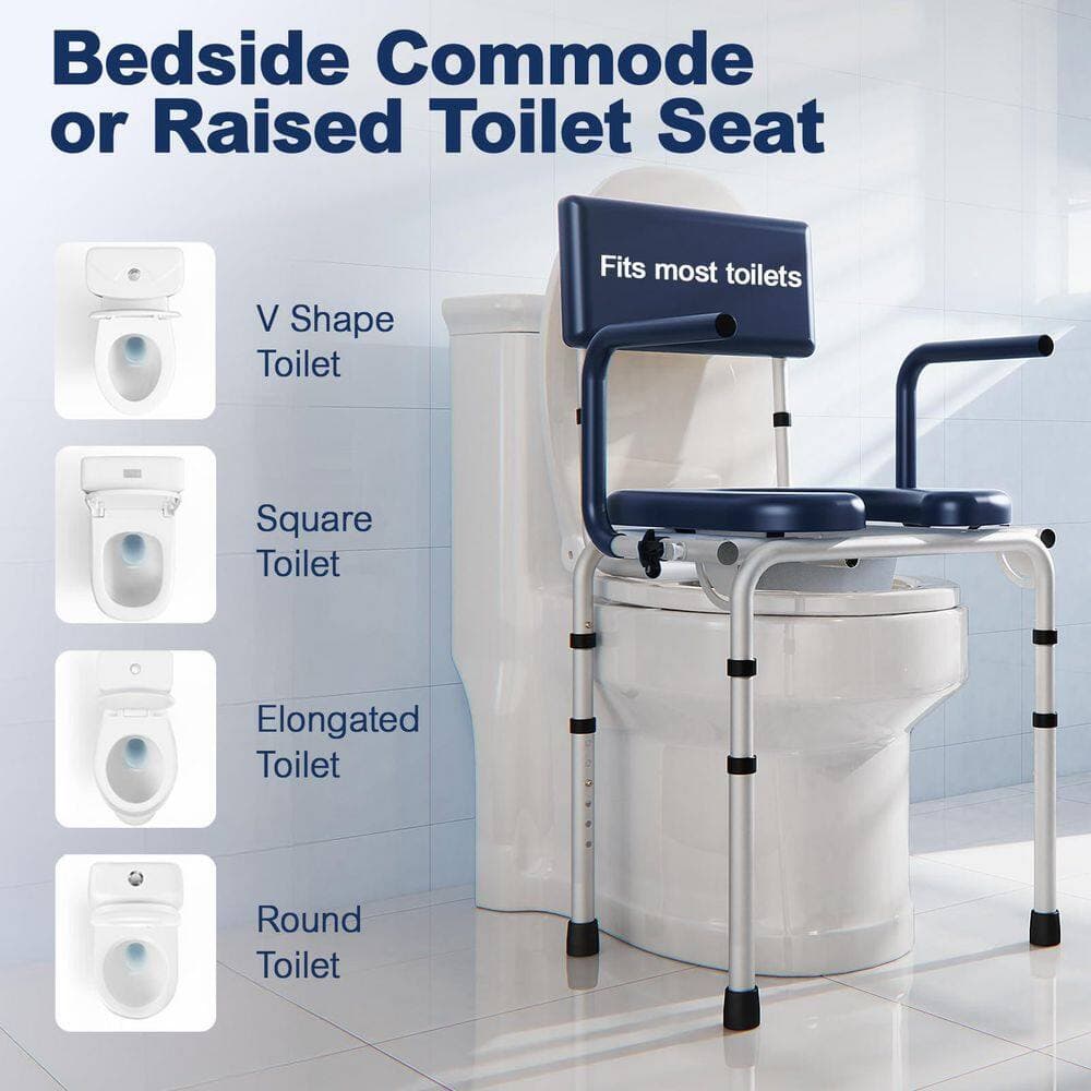 Numhew 6.3 qt. Drop Arm Bedside Commode, Commode Toilet with Padded Seat and Backrest, 400 lb. Capacity Toilet Seat in Blue (3)