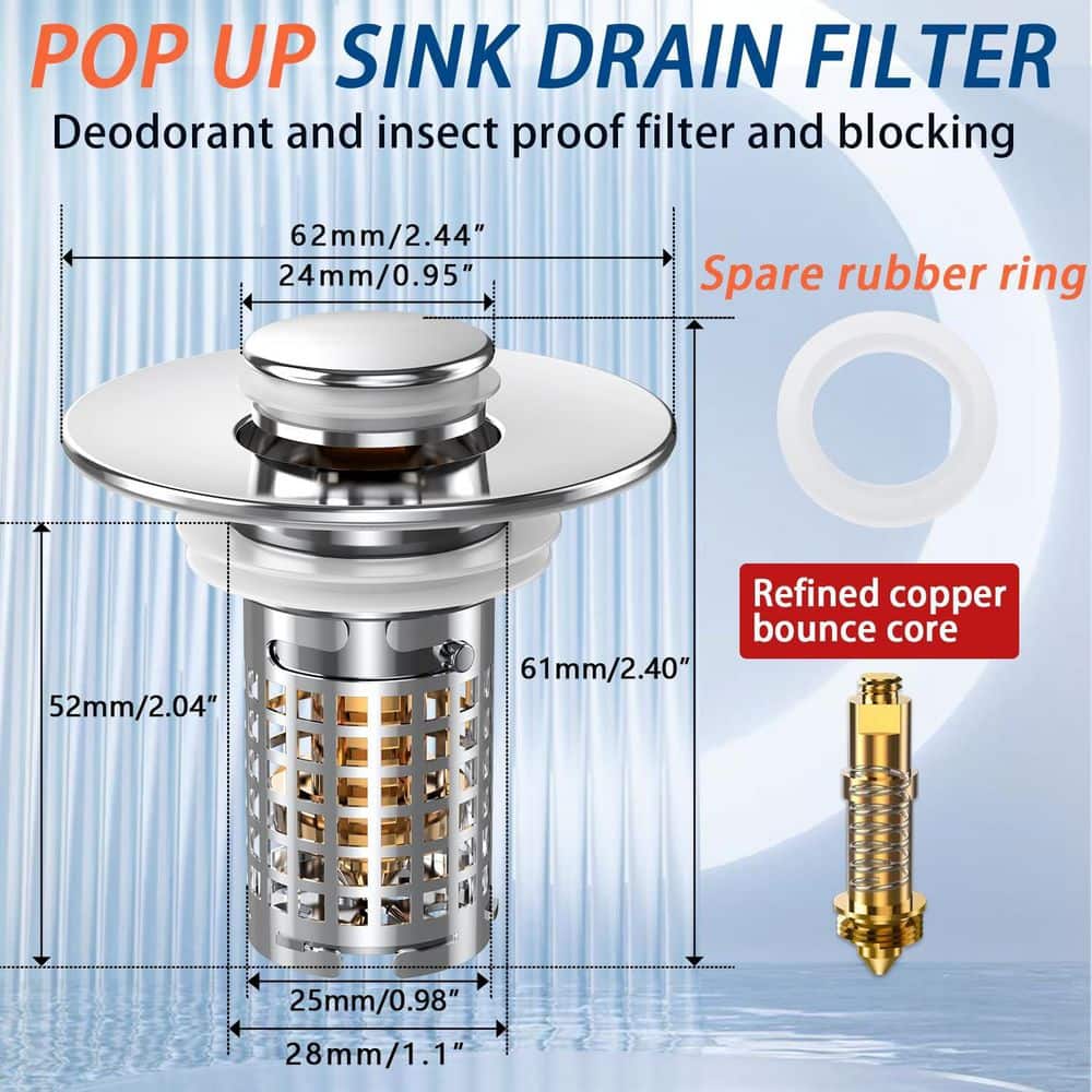 Wudkey 2-Piece Universal Bathroom Sink Drain Stopper with Removable Basket and Pop-Up Mechanism in Stainless Steel Finish (2)