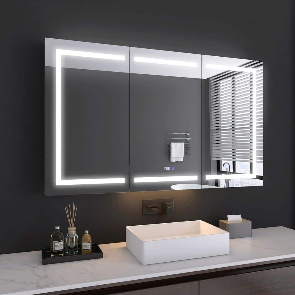 MEDUNJESS 60 in. W x 36 in. H Rectangular Silver Aluminum Recessed/Surface Mount Medicine Cabinet with Mirror and LED