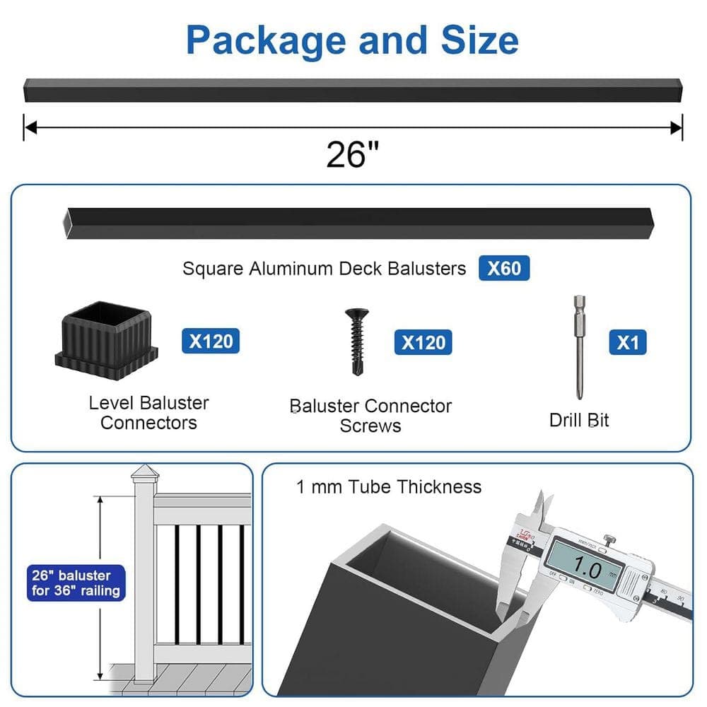 Afoxsos 26 in. H x 3/4 in. W Black Aluminum Stair Railing Kit with Anti-UV Connectors for Deck Porch System 60 Pack (3)