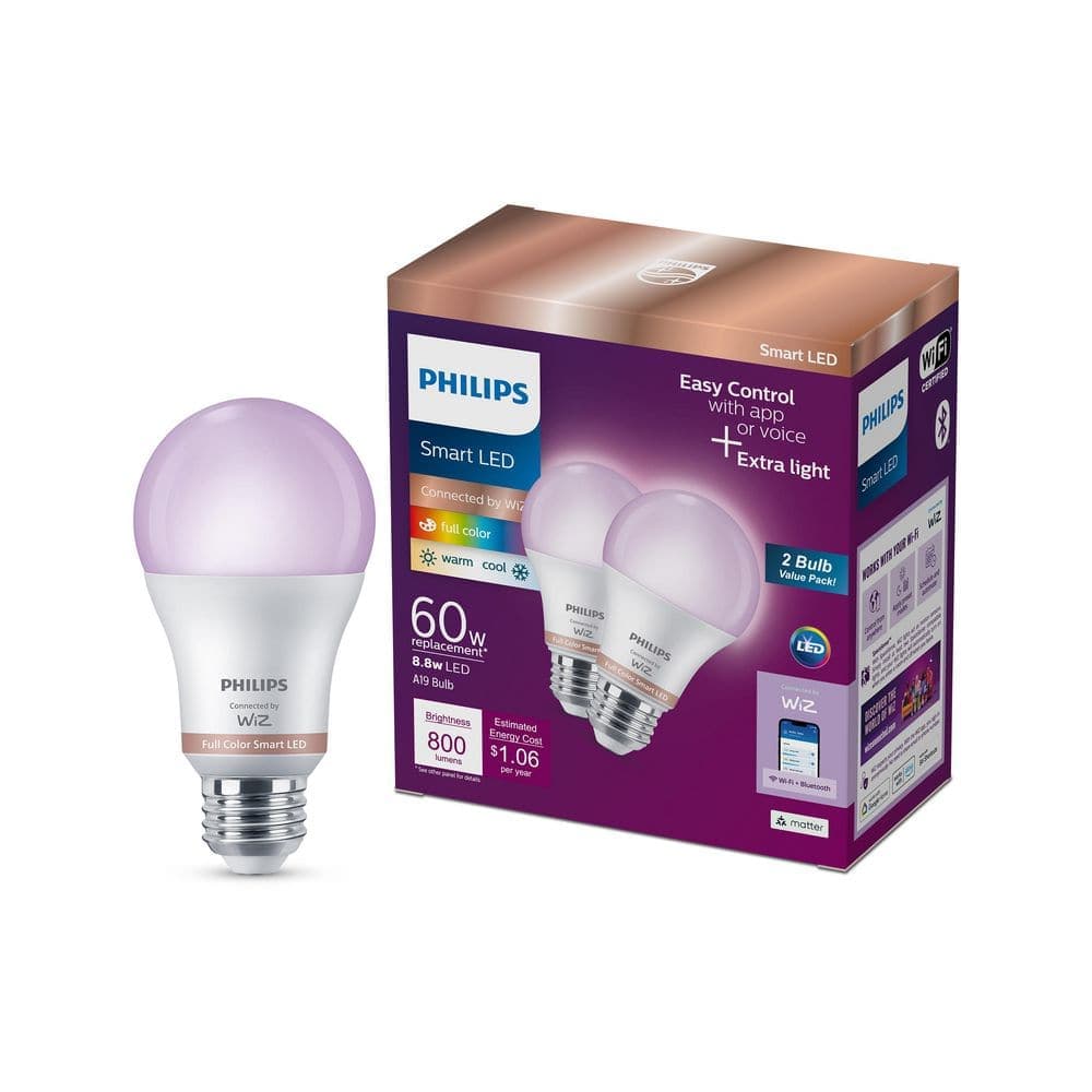 Philips Color and Tunable White A19 LED 60-Watt Equivalent Dimmable Smart Wi-Fi Wiz Connected Wireless Light Bulb (2-Pack) (2)