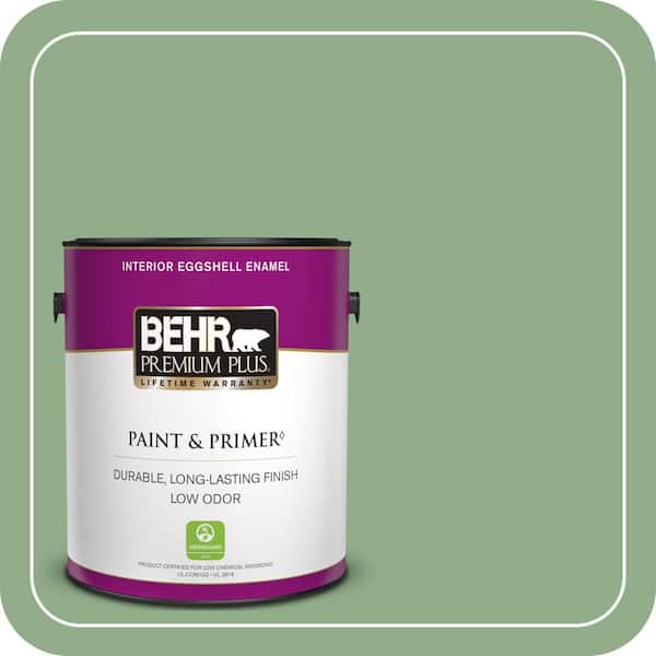 BEHR PREMIUM PLUS 1 gal. #MQ6-46 Flora Green Eggshell Enamel Low Odor Interior Paint & Primer (2)