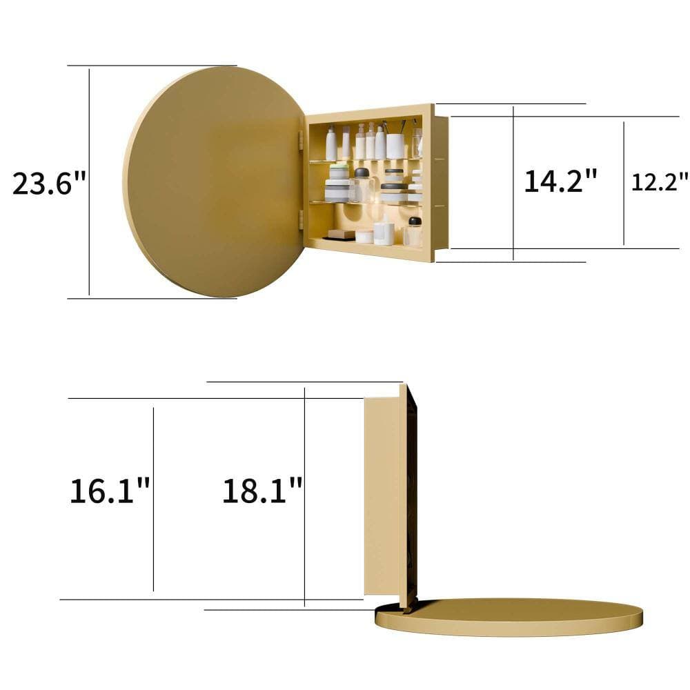 XUJMK 24 in. W x 24 in. D x 5 in. H Bathroom Wall Cabinet, Round Medicine Cabinet in Gold with Mirror, Adjustable Shelves (2)