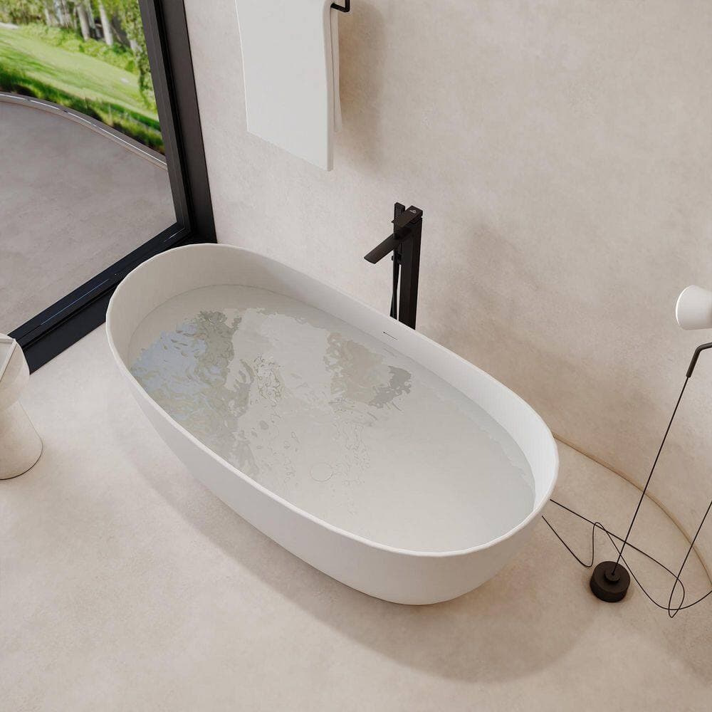 CASAINC 63 in. x 30 in. Freestanding Stone Resin Solid Surface Soaking Bathtub in Matte White, Double Slipper (2)