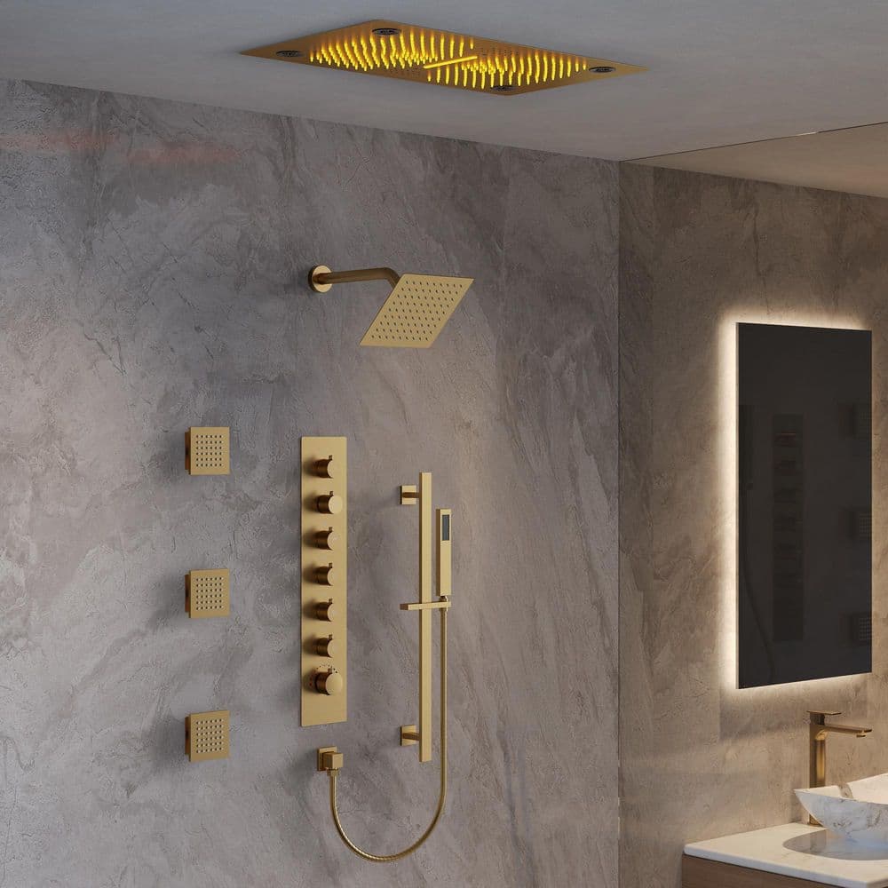 GRANDJOY Aurorasymphony LED Bluetooth 6-Spray Ceiling Mount 28 and 8 in. Dual Showers 3-Jet Handheld 2.5 GPM in Brushed Gold (2)