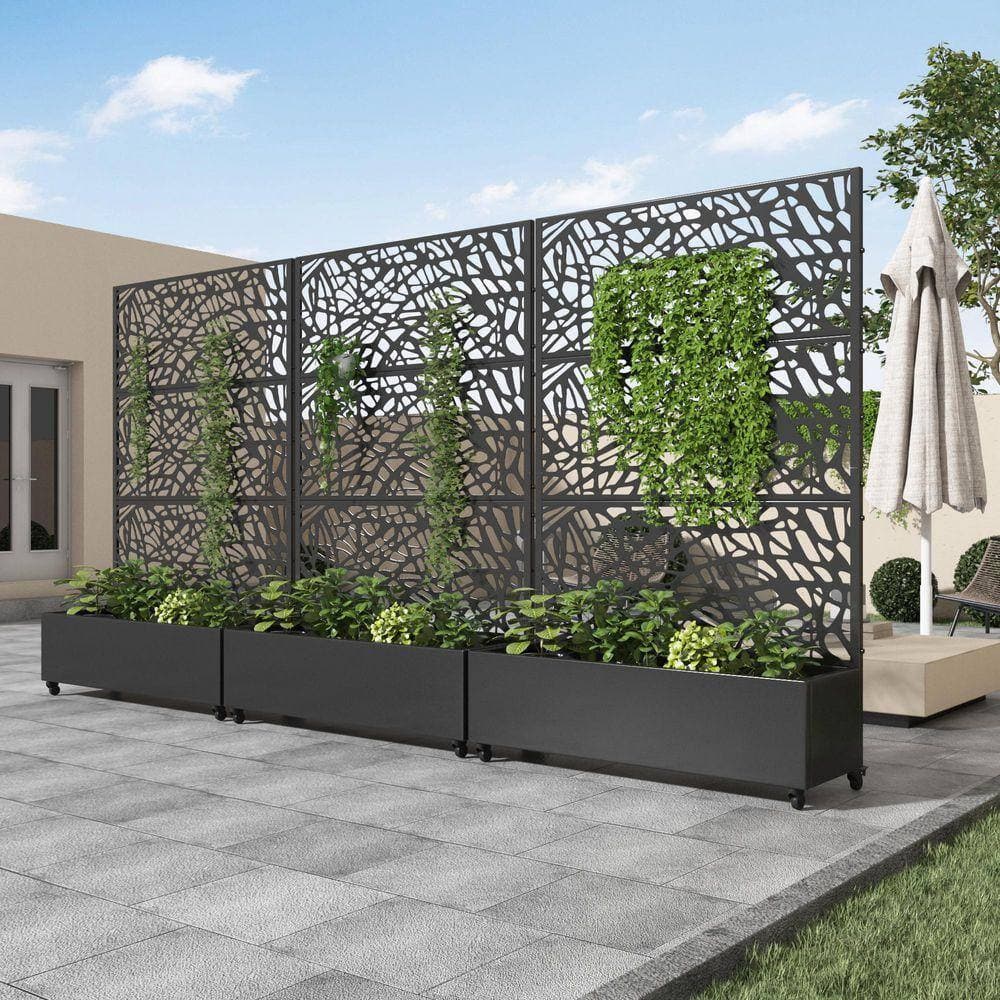 Lirago 72 in. x 47 in. Black Outdoor Metal Privacy Screen Raised Planter Box Wall Decor (2)