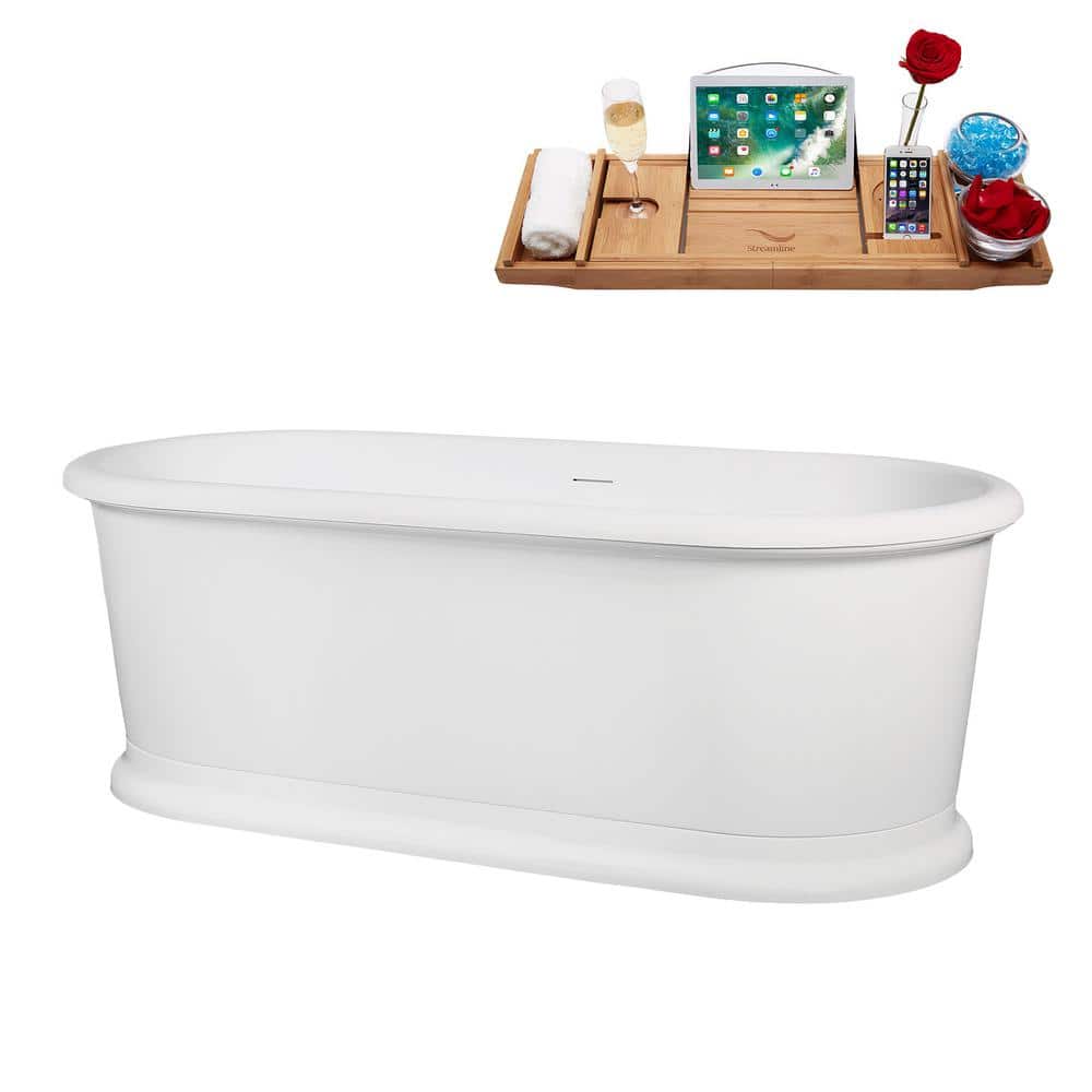Streamline 71 in. x 34 in. Acrylic Freestanding Soaking Bathtub in Glossy White Exterior With Polished Chrome Drain, Bamboo Tray (2)